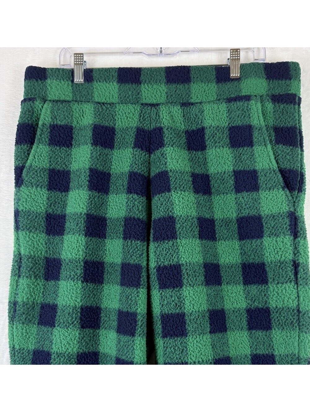 Lands End Sherpa Fleece Pajama Bottoms Large Womens Green Blue Plaid